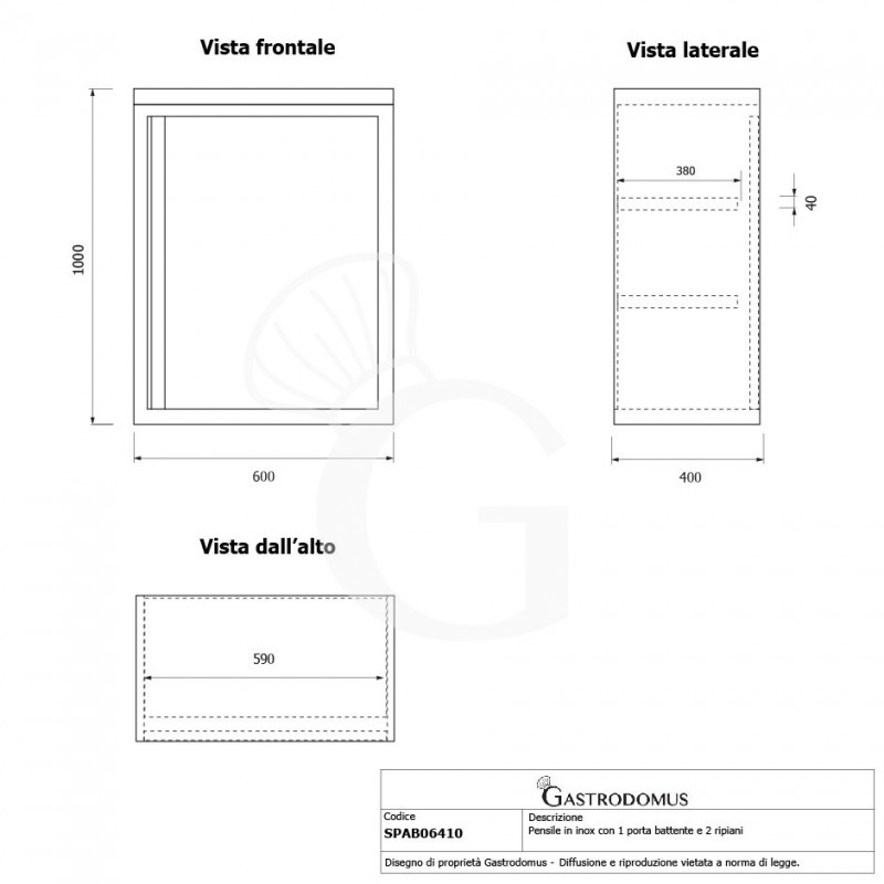 Pensile inox con 1 porta battente, 2 ripiani, L 600 x P 400 x H 1000 mm