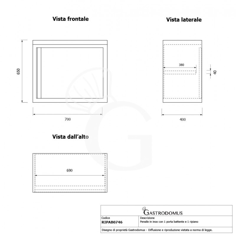 Pensile inox con 1 porta battente, 1 ripiano, L 700 x P 400 x H 660 mm