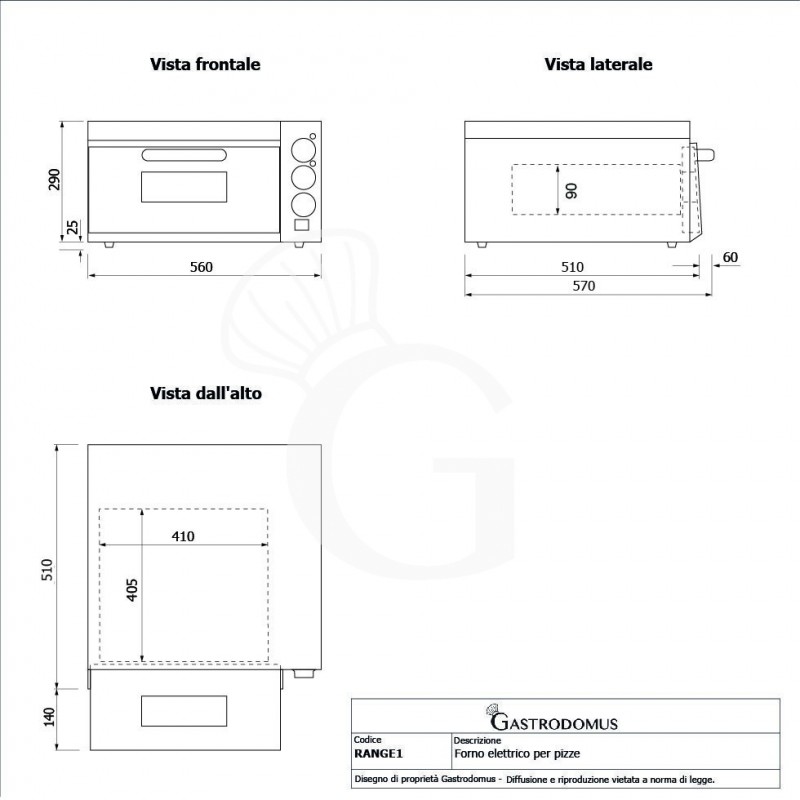 Fornetto Elettrico 1 pizza diametro 320 mm 1 camera controllo meccanico temperatura 350°C potenza 2 Kw