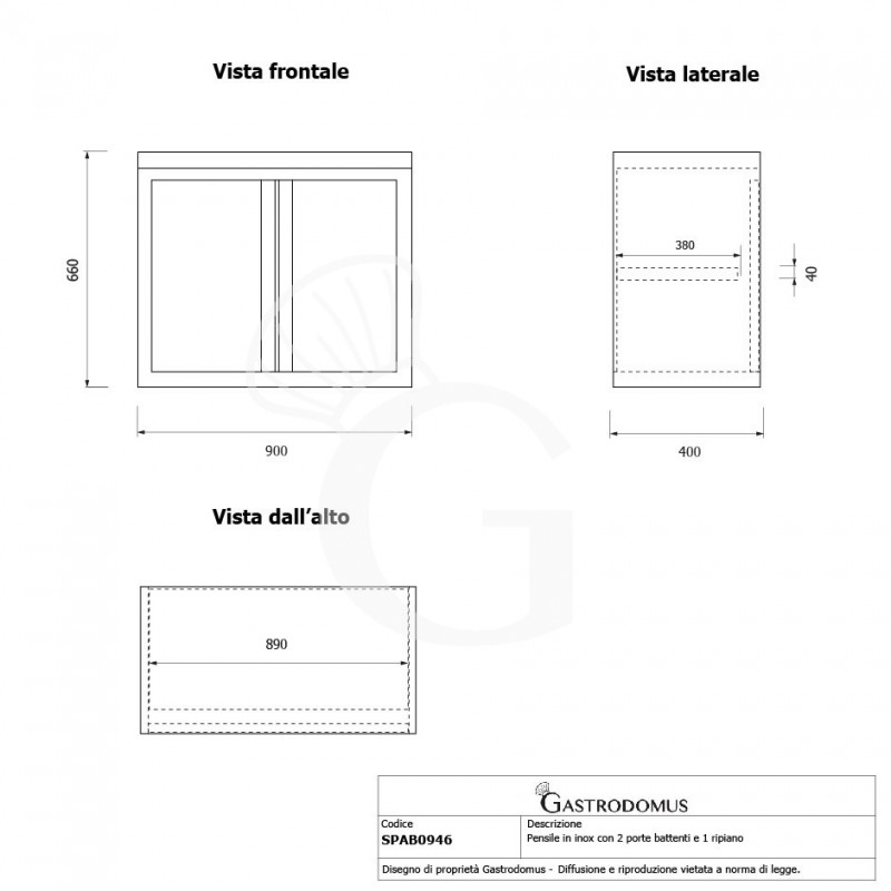 Pensile inox con 2 porte battenti, 1 ripiano, L 900 x P 400 x H 660 mm