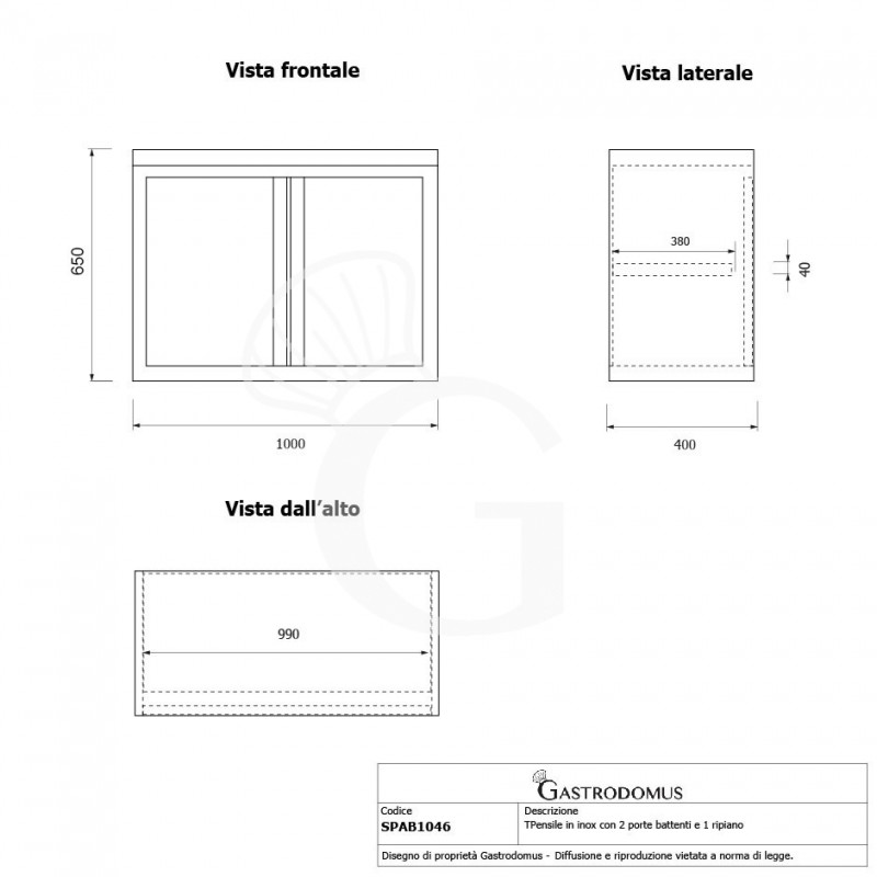 Pensile inox con 2 porte battenti, 1 ripiano, L 1000 x P 400 x H 650 mm
