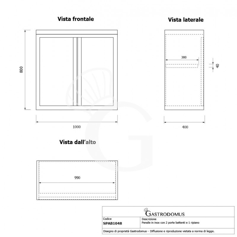 Pensile inox con 2 porte battenti, 1 ripiano, L 1000 x P 400 x H 800 mm