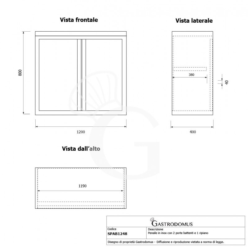 Pensile inox con 2 porte battenti, 1 ripiano, L 1200 x P 400 x H 800 mm