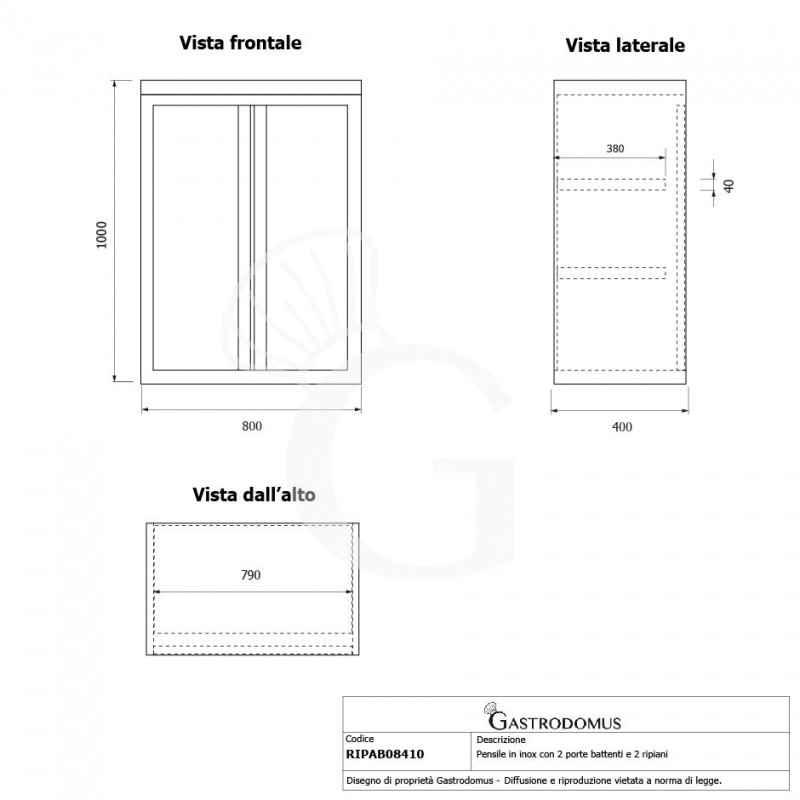 Pensile inox con 2 porte battenti, 2 ripiani, L 800 x P 400 x H 1000 mm