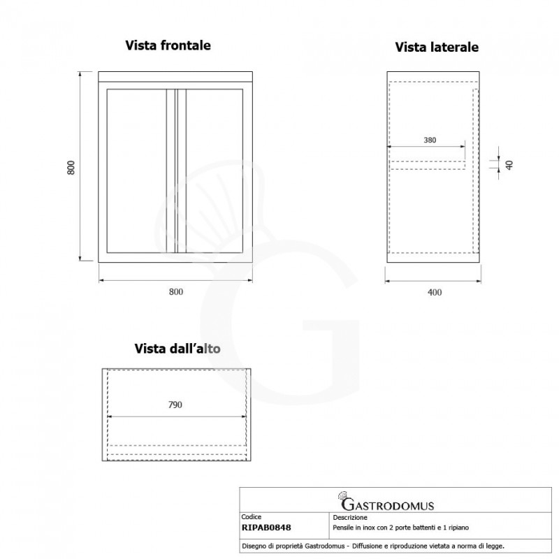 Pensile inox con 2 porte battenti, 1 ripiano, L 800 x P 400 x H 800 mm