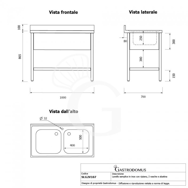 Lavello semplice in acciaio inox, 1 ripiano, alzatina, 2 vasche, L 1000 x P 700 x H 965 mm - con foro rubinetto Ø 32 mm
