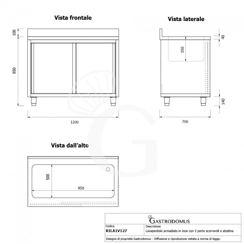 Lavapentole acciaio,porte scorrevoli,alzatina,1 vasca, L 1200 x P 700 x H 950 mm