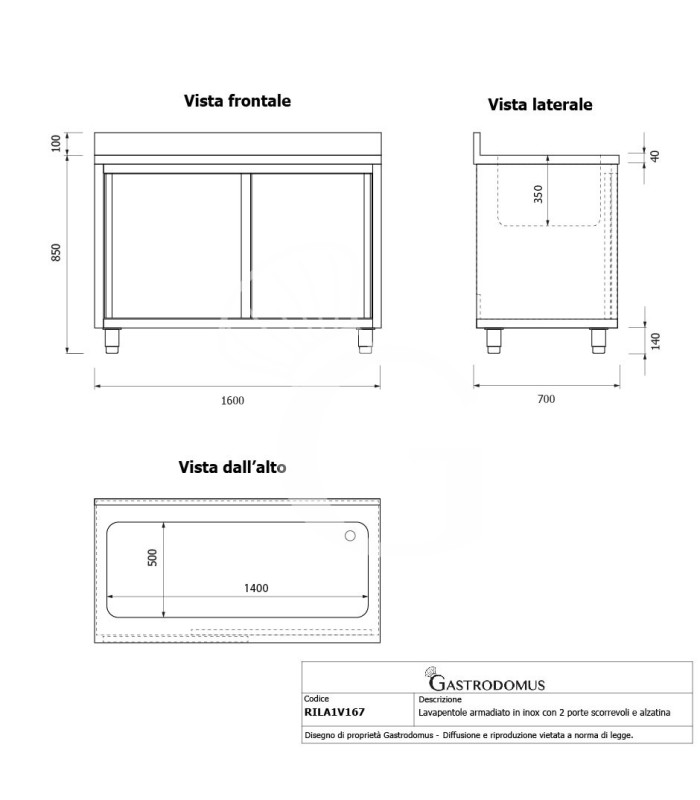 Lavapentole acciaio,porte scorrevoli,alzatina,1 vasca, L 1600 x P 700 x H 950 mm