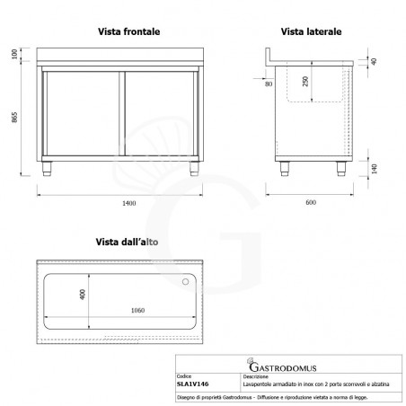 Lavapentole armadiato in acciaio inox,porte scorrevoli,alzatina,1 vasca, L 1400 x P 600 x H 965 mm - con foro rubinetto Ø 32 mm Lavapentole armadiato in acciaio inox,porte scorrevoli,alzatina,1 vasca, L 1400 x P 600 x H 965 mm - con foro rubinetto Ø 32 mm