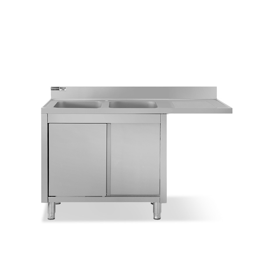 Lavello armadiato vano lavastoviglie,2 vasche,gocciolatoio destra,L1600xP700xH965mm - con foro rubinetto Ø 32 mm