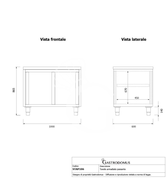 Tavolo armadiato passante in acciaio inox con porte scorrevoli, L 1000 mm x P 600 mm x H 865mm