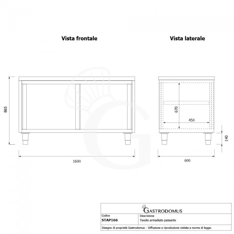 Tavolo armadiato passante in acciaio inox con porte scorrevoli, L 1600 mm x P 600 mm x H 850 mm
