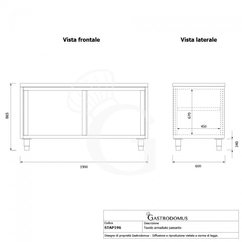 Tavolo armadiato passante in acciaio inox con porte scorrevoli, L 1900 mm x P 600 mm x H 850 mm