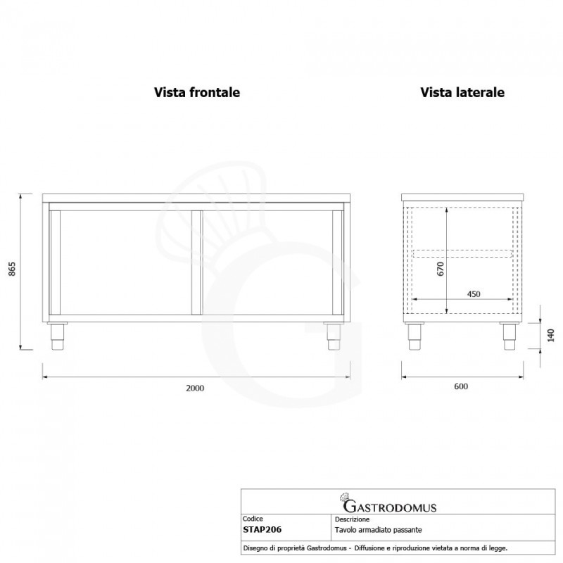 Tavolo armadiato passante in acciaio inox con porte scorrevoli, L 2000 mm x P 600 mm x H 850 mm