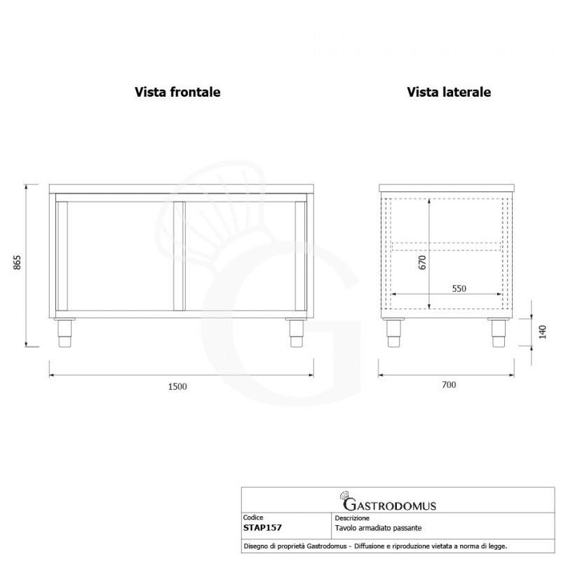 Tavolo armadiato passante in acciaio inox con porte scorrevoli, L 1500 mm x P 700 mm x H 850 mm