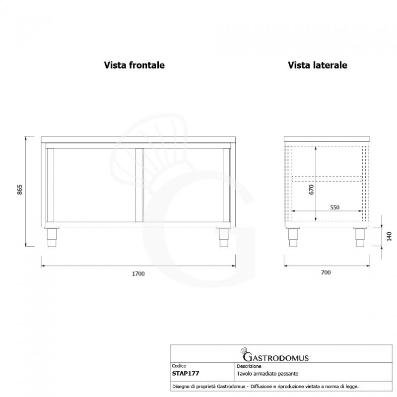 Tavolo armadiato passante in acciaio inox con porte scorrevoli, L 1700 mm x P 700 mm x H 850 mm