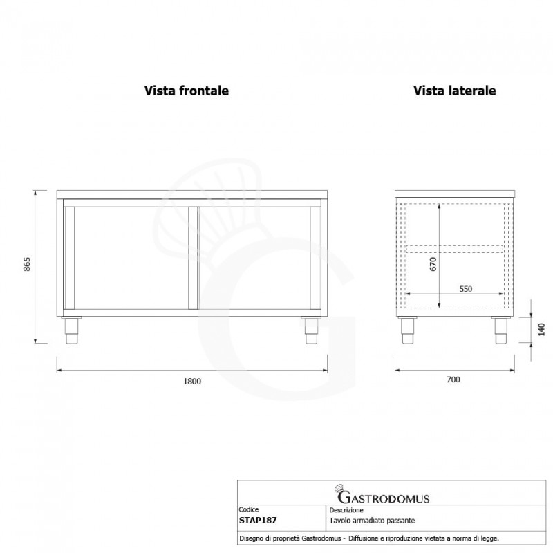 Tavolo armadiato passante in acciaio inox con porte scorrevoli, L 1800 mm x P 700 mm x H 850 mm