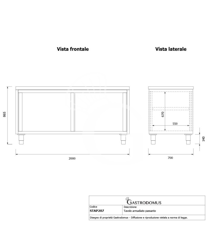 Tavolo armadiato passante in acciaio inox con porte scorrevoli, L 2000 mm x P 700 mm x H 850 mm