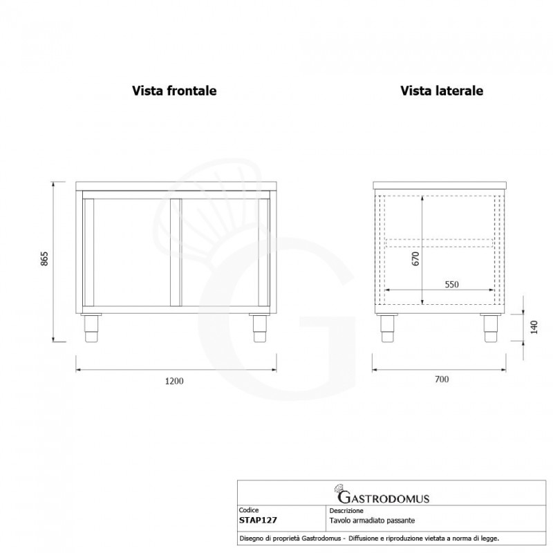 Tavolo armadiato passante in acciaio inox con porte scorrevoli, L 1200 mm x P 700 mm x H 850 mm