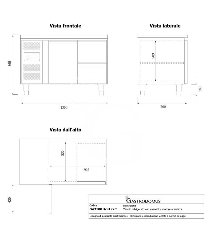 Tavolo Refrigerato 2 cassetti 1 porta 700 mm +2°C/+8°C Motore a sinsitra