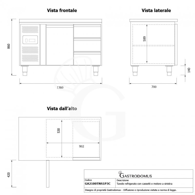 Tavolo Refrigerato 3 cassetti 1 porta 700 mm -2°C/+8°C Motore a sinistra