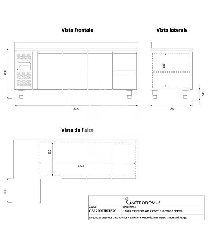 Tavolo refrigerato 2 cassetti 3 porte 700 mm -2°C/+8°C alzatina, motore a sinistra