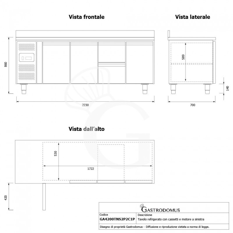 Tavolo Refrigerato 2 cassetti 3 porte 700 mm -2°C/+8°C alzatina, motore a sinistra