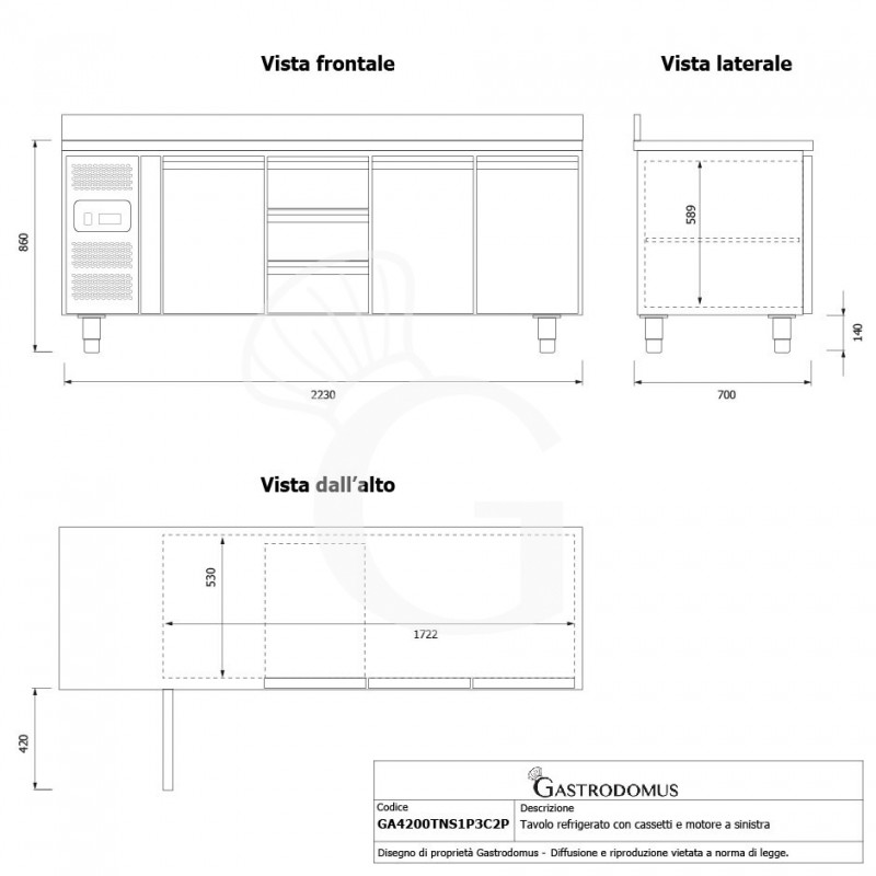 Tavolo refrigerato 3 cassetti 3 porte 700 mm -2°C/+8°C alzatina, motore a sinistra