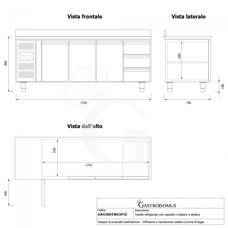 Tavolo refrigerato 3 cassetti 3 porte 700 mm -2°C/+8°C alzatina, motore a sinistra