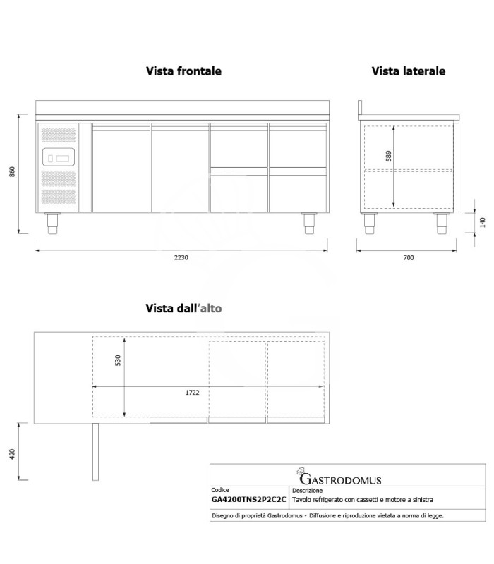 Tavolo refrigerato 4 cassetti 2 porte 700 mm -2°C/+8°C alzatina, motore a sinistra