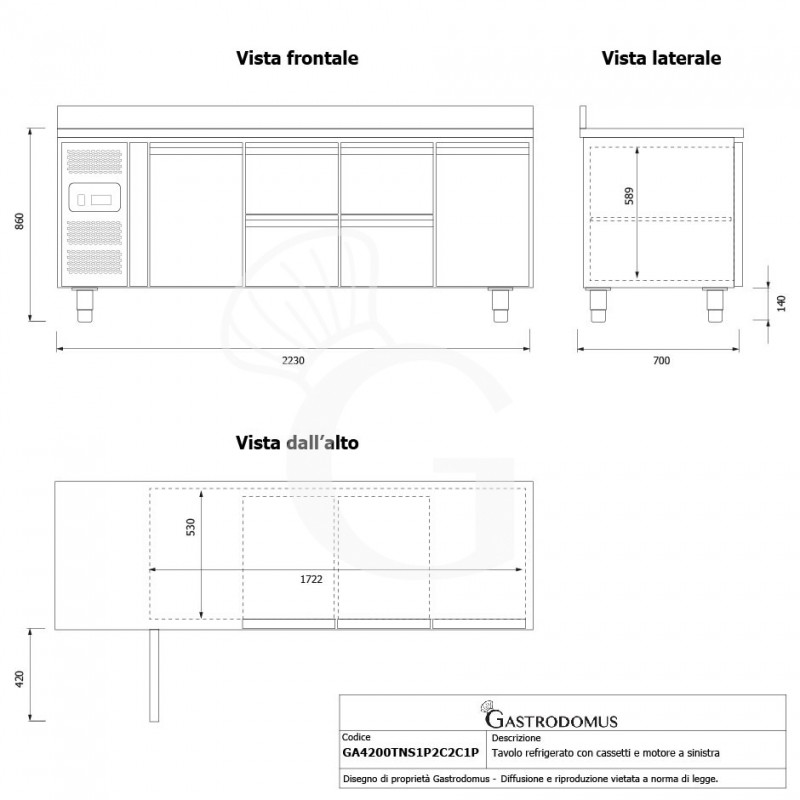 Tavolo Refrigerato 4 cassetti 2 porte 700 mm -2°C/+8°C alzatina, motore a sinistra