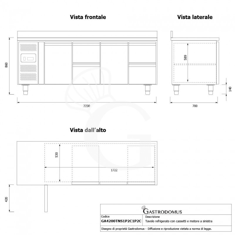Tavolo refrigerato 4 cassetti 2 porte 700 mm -2°C/+8°C alzatina, motore a sinistra