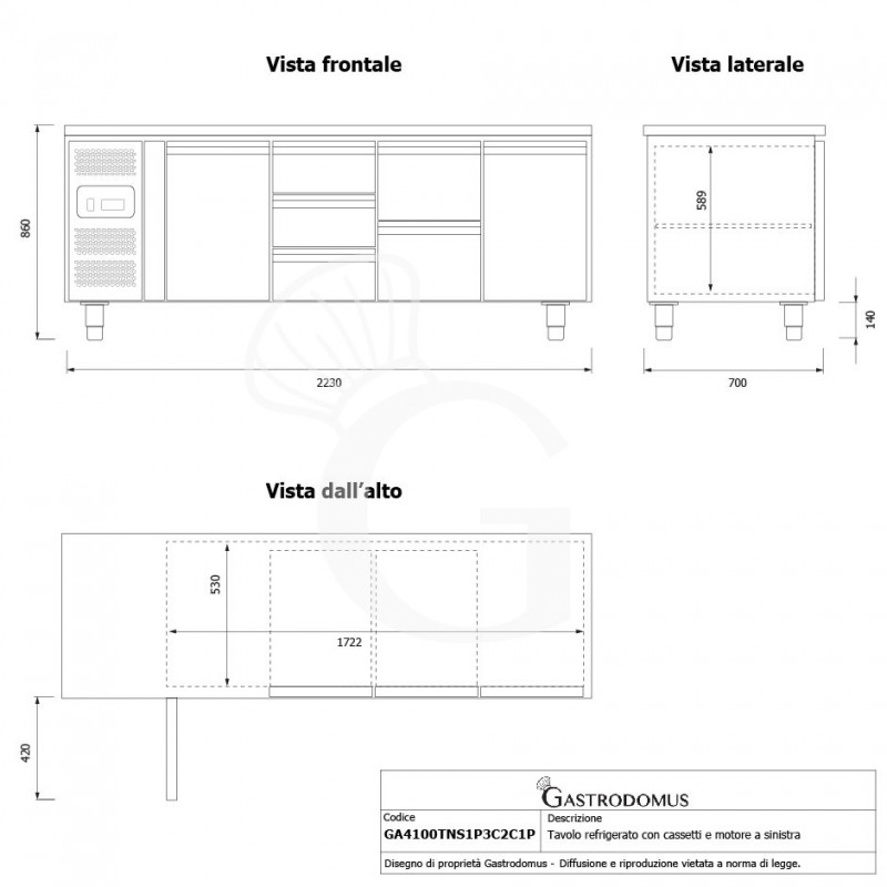 Tavolo refrigerato 5 cassetti 2 porte 700 mm -2°C/+8°C, motore a sinistra