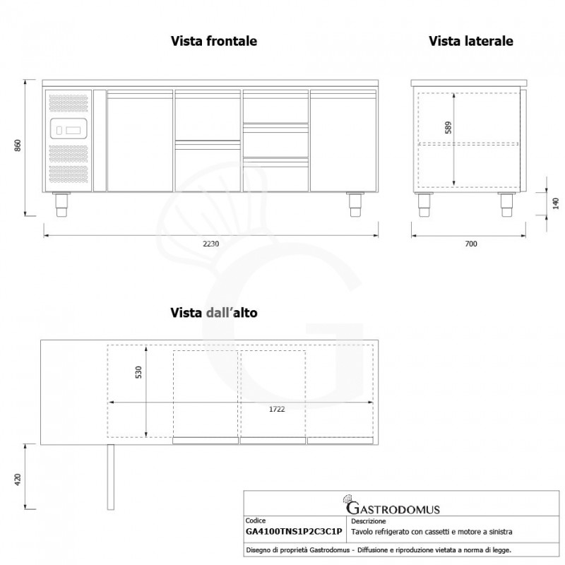 Tavolo refrigerato 5 cassetti 2 porte 700 mm -2°C/+8°C, motore a sinistra