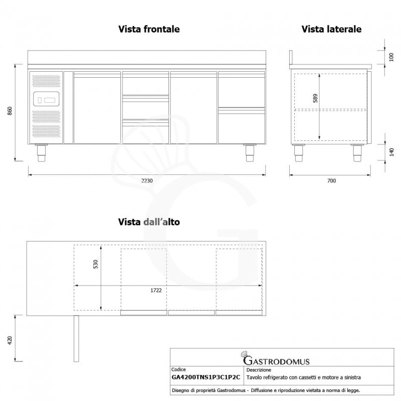 Tavolo refrigerato 5 cassetti 2 porte 700 mm -2°C/+8°C alzatina, motore a sinistra