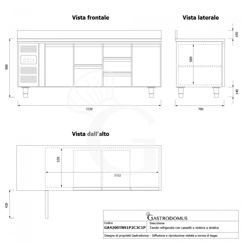 Tavolo refrigerato 5 cassetti 2 porte 700 mm -2°C/+8°C alzatina, motore a sinistra