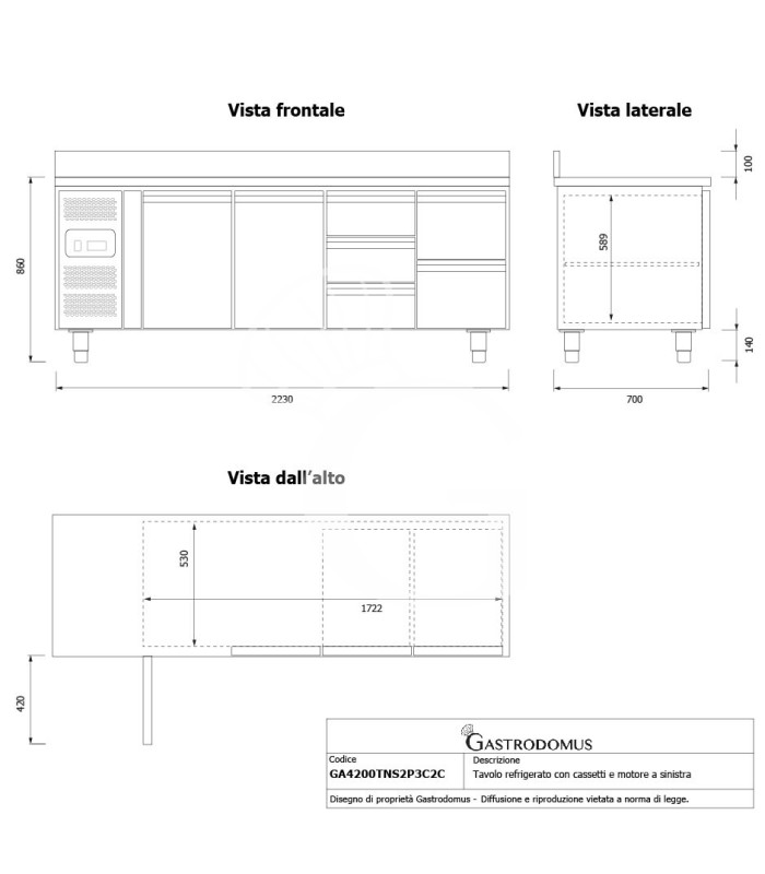 Tavolo refrigerato 7 cassetti 1 porta 700 mm -2°C/+8°C alzatina, motore a sinistra