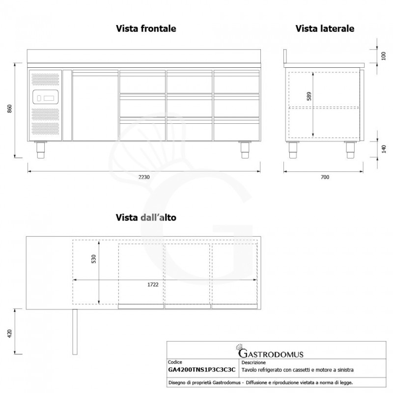 Tavolo Refrigerato 9 cassetti 1 porta 700 mm -2°C/+8°C alzatina, motore a sinistra
