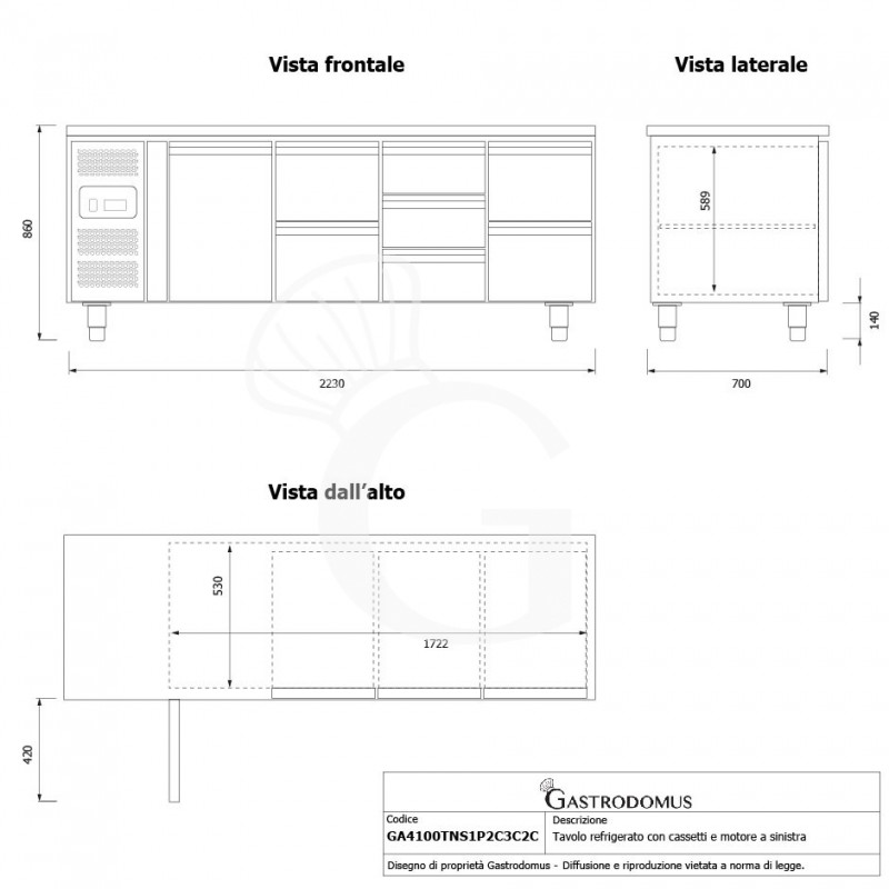 Tavolo refrigerato 7 cassetti 1 porta 700 mm -2°C/+8°C, motore a sinistra