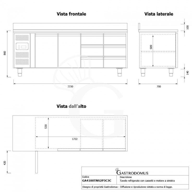 Tavolo Refrigerato 6 cassetti 2 porte 700 mm -2°C/+8°C alzatina, motore a sinistra