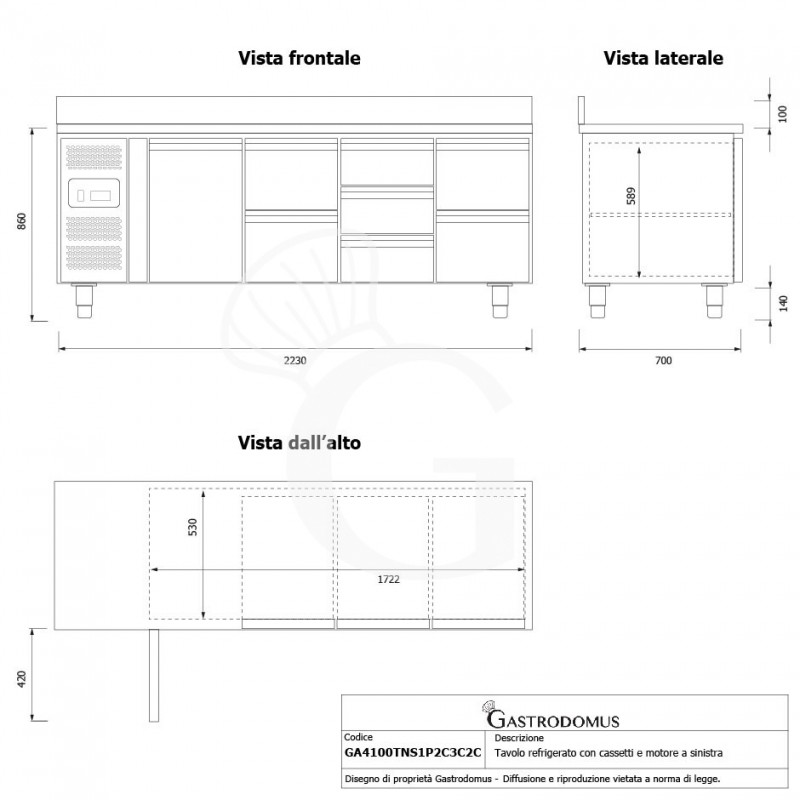 Tavolo refrigerato 7 cassetti 1 porta 700 mm -2°C/+8°C alzatina, motore a sinistra