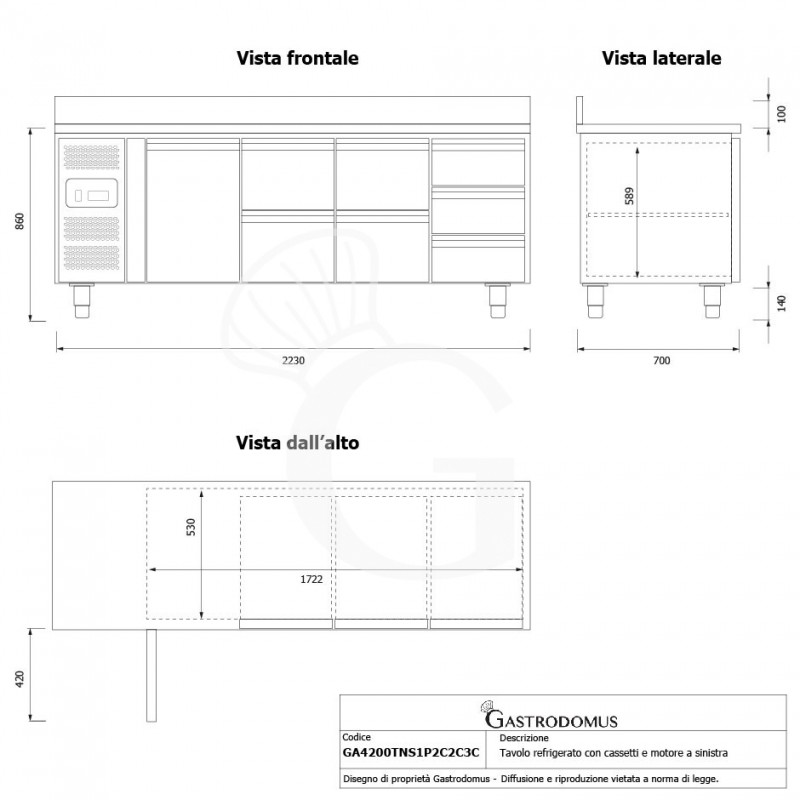 Tavolo refrigerato 7 cassetti 1 porta 700 mm -2°C/+8°C alzatina, motore a sinistra