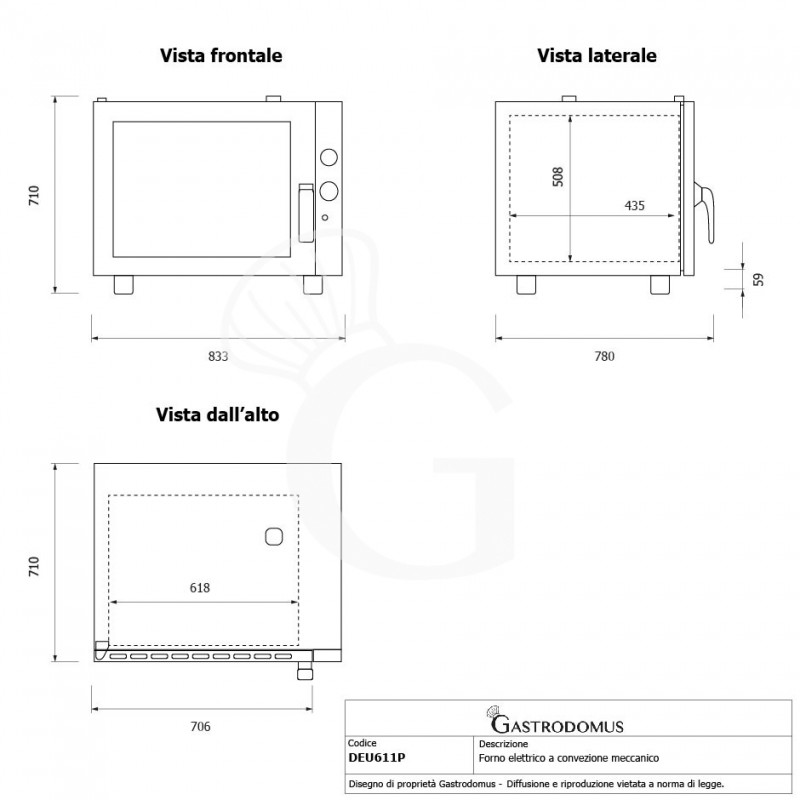 Forno elettrico a convezione per gastronomia, umidificatore,porta bandiera, comandi digitali, trifase, 6 teglie GN 1/1 530x325mm