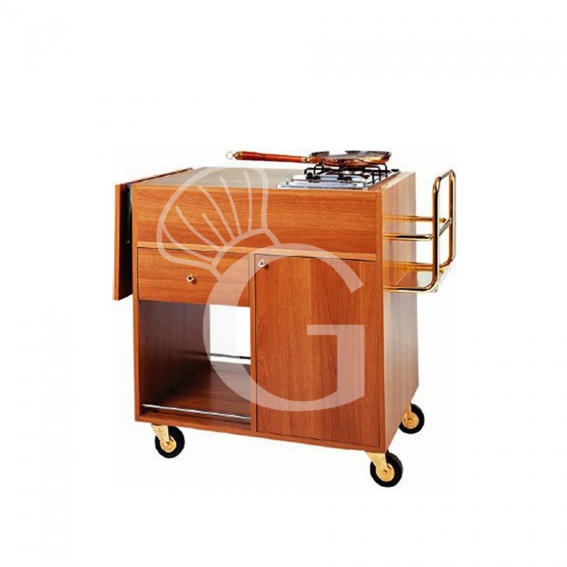 Carrello di servizio Flambè Trolley in legno nobilitato con 1 piastra a 1 fuoco L 1150 mm x P 550 mm x H 1080 mm Carrello di servizio Flambè Trolley in legno nobilitato con 1 piastra a 1 fuoco L 1150 mm x P 550 mm x H 1080 mm