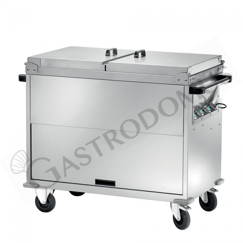 Carrello termico armadiato bagnomaria a temperatura differenziata per 2 bacinelle GN1/1 - L 960 mm x P 680 mm x H 1020 mm Carrello termico armadiato bagnomaria a temperatura differenziata per 2 bacinelle GN1/1 - L 960 mm x P 680 mm x H 1020 mm