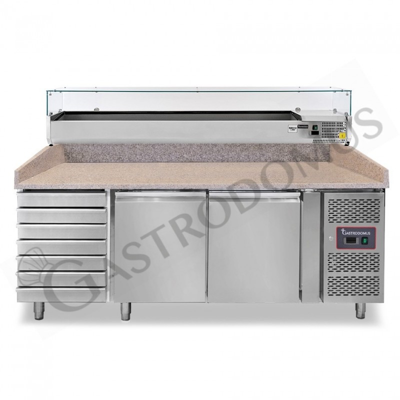Banco Pizza 600x400 2 porte 7 cassetti vetrina 9 bacinelle GN1/3 390 LT Banco Pizza 600x400 2 porte 7 cassetti vetrina 9 bacinelle GN1/3 390 LT