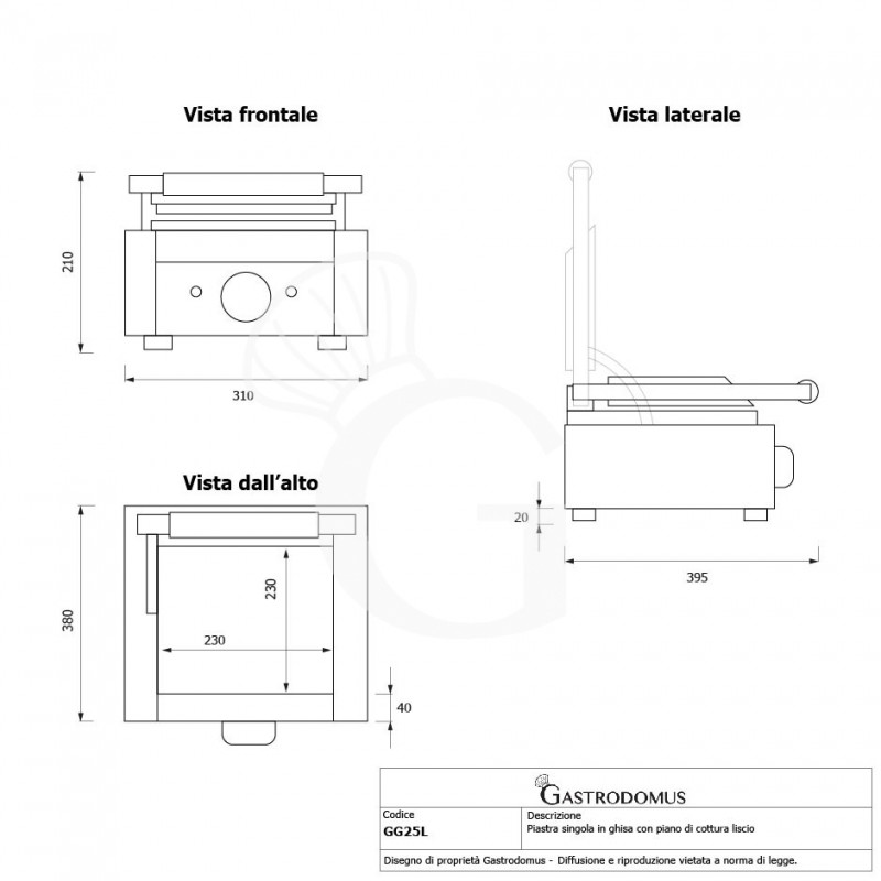 Piastra per Panini singola liscia in ghisa - L 310 mm x P 380 mm x H 210/520 mm