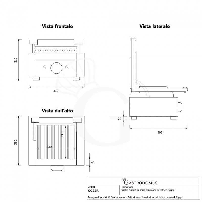 Piastra per Panini singola rigata in ghisa - L 310 mm x P 380 mm x H 210/520 mm