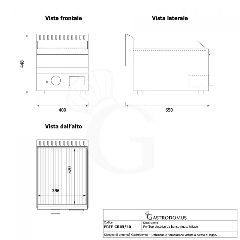 Fry Top elettrico da banco piastra rigata cromata singola 4500 W Trifase P 650 mm
