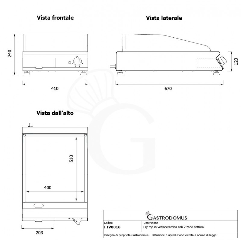 Fry Top Professionale in Vetroceramica 2 zone cottura L 410 mm x P 670 mm x H 120 mm